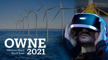 Image shows a man wearing a VR headset with offshore wind turbines in the background. Text reads 