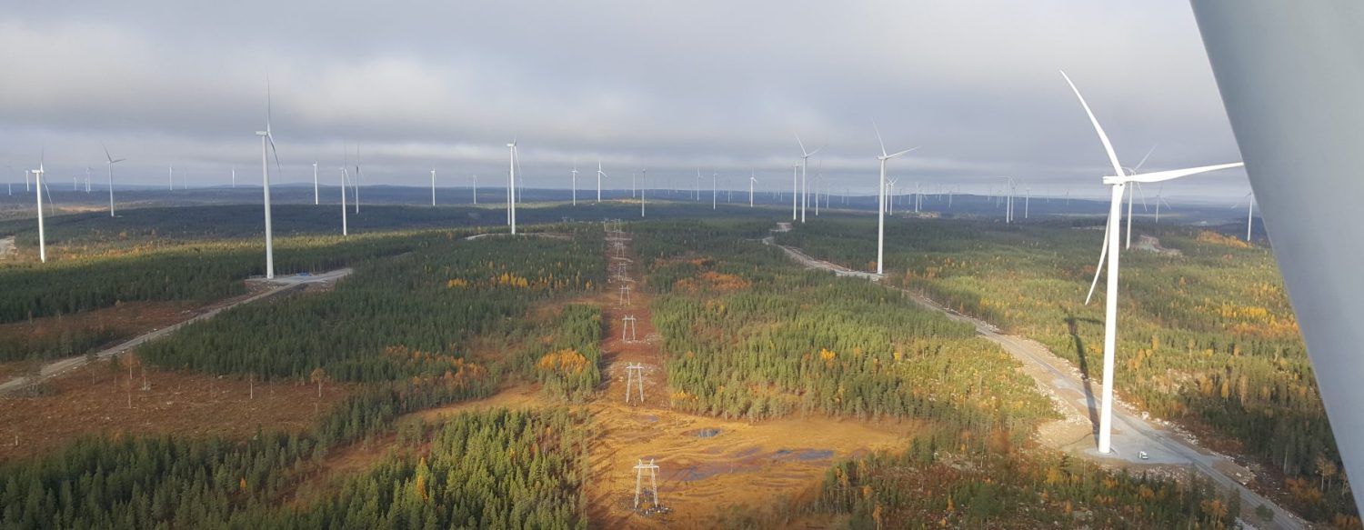 A wide landscape view of a wind farm with numerous wind turbines scattered across forested and open areas under a cloudy sky.