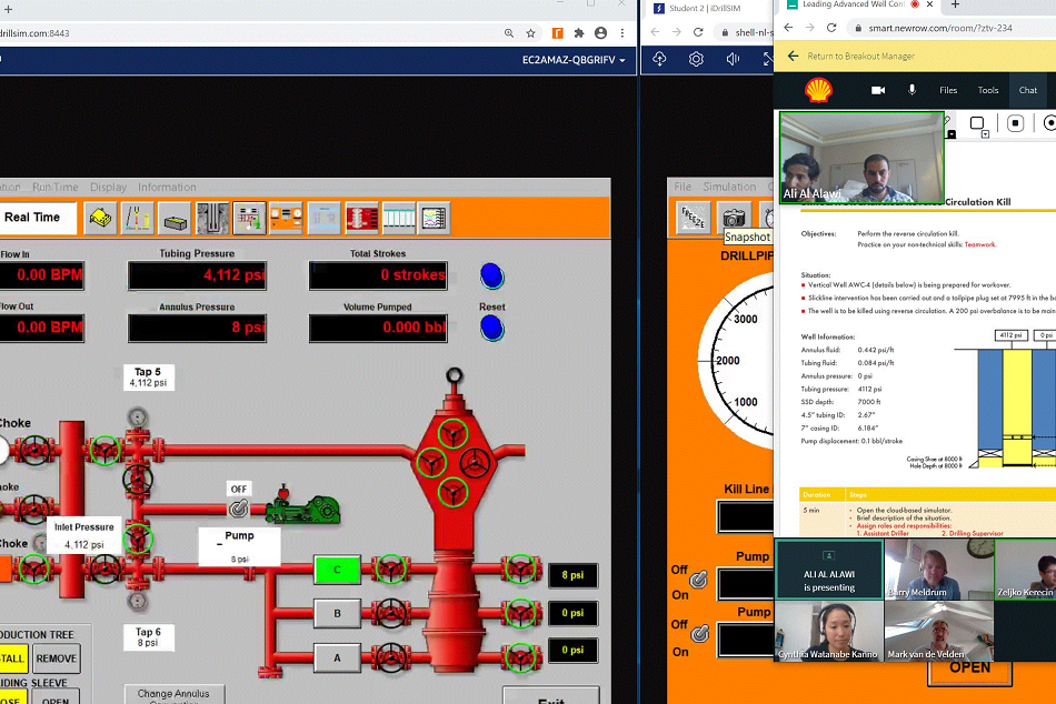 A split computer screen showing a real-time drilling simulation interface on the left and a conference call with three participants on the right. Various data and controls are visible on both screens.