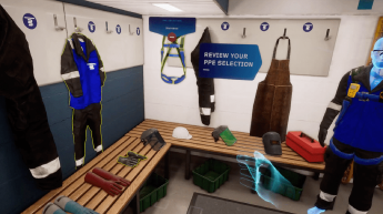 A locker room with personal protective equipment (PPE) including gloves, helmets, and aprons displayed on benches and hooks. A sign reads 