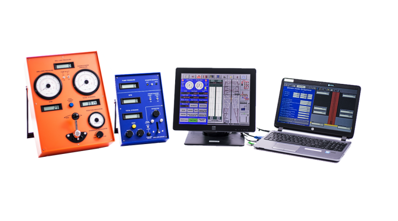 A set of four diagnostic tools, including an orange panel with gauges, a blue control unit, a monitor displaying technical data, and a laptop connected via cables, all used for equipment diagnostics.