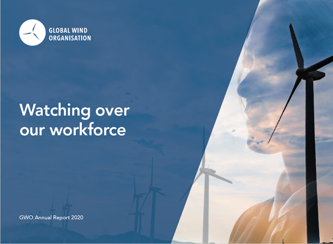 Cover of the GWO Annual Report 2020 with a wind turbine and a person's silhouette against a blue sky, accompanied by the text 