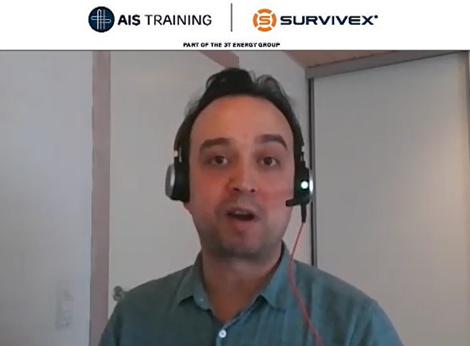 A person wearing a headset is speaking during a video call. The AIS Training and Survivex logos are displayed above.