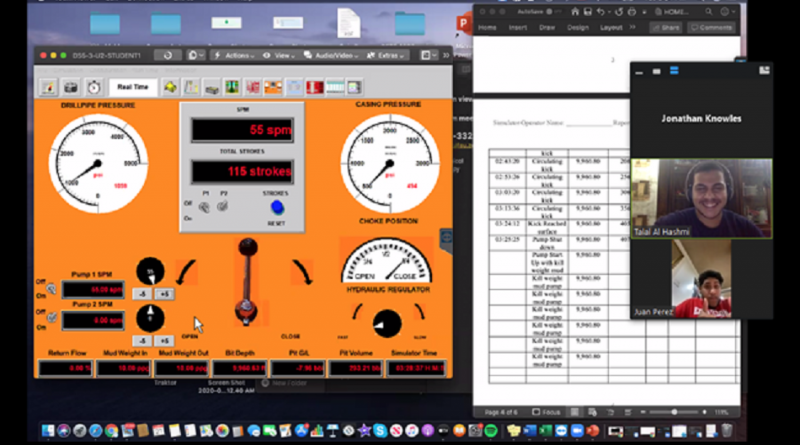 A computer screen shows a virtual meeting with three participants, an oil well operation interface with various controls and readings, and a spreadsheet document.