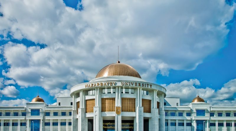 Facade of Nazarbayev University under a partly cloudy sky, featuring a prominent building with a golden dome and grand columns.