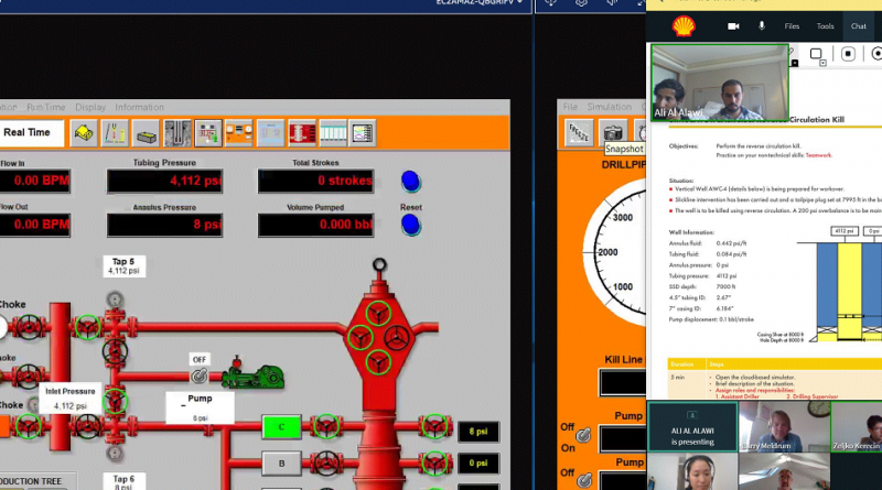 A screenshot shows a virtual meeting with participants on the right and detailed control panel graphics on the left, displaying various readings and metrics related to a technical operation.