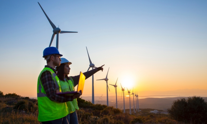 Two workers in safety gear stand with a laptop, pointing towards wind turbines at sunset on a hillside.