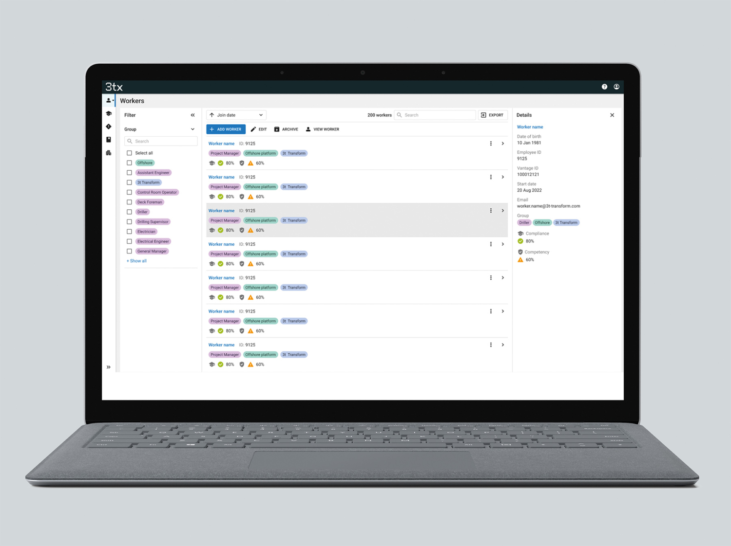 A laptop screen displays a project management software interface with a list of tasks, statuses, and details for each worker. The interface includes filters and search options on the left sidebar.