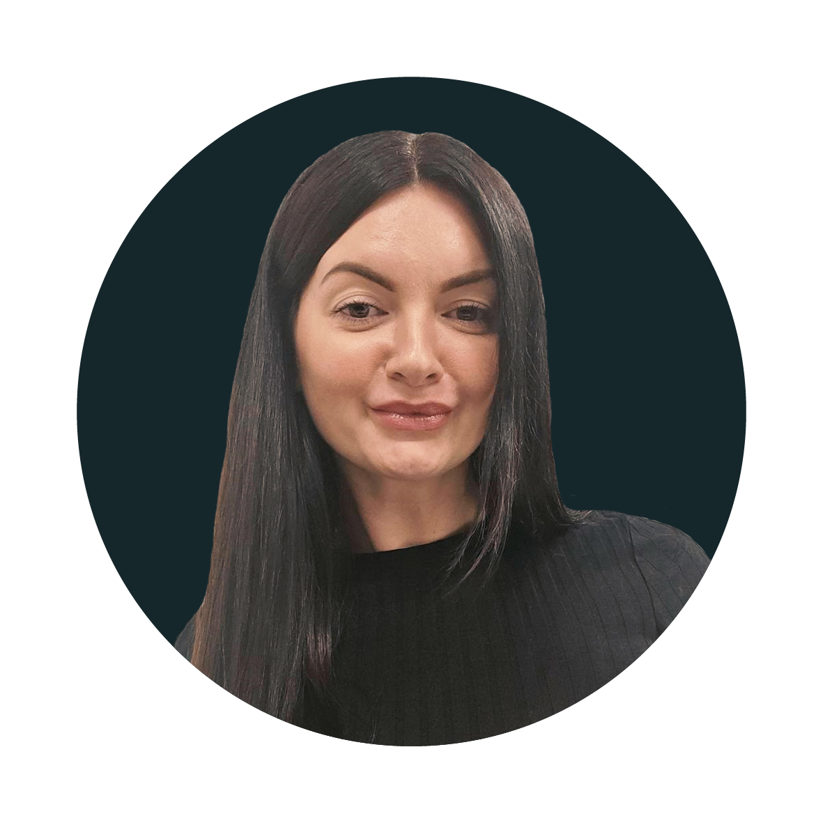 A woman with long, straight black hair and a black top is smiling slightly. She is set against a dark circular background.