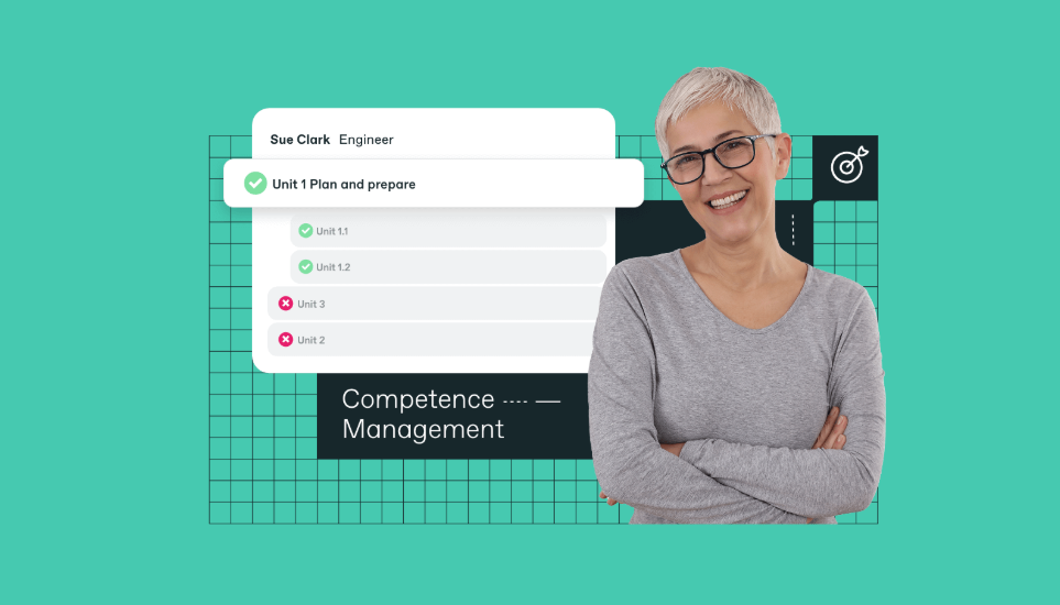 Smiling person standing with arms crossed in front of a graphic showing a checklist titled "Competence Management" and a name tag that reads "Sue Clark, Engineer.