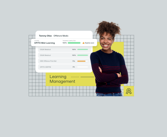 Person smiling with arms crossed. Overlay shows progress bars for medical training courses and certification. Background features a grid pattern with 