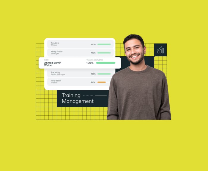 Smiling man stands next to a training management dashboard displaying completion percentages for different users against a yellow grid background.