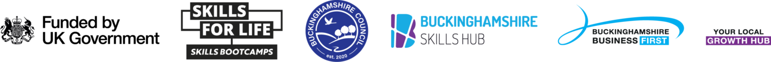 Logos of Skills for Life, Buckinghamshire Skills Hub, Thames Valley Berkshire Business Growth Hub, and a circular logo with an open book and person.