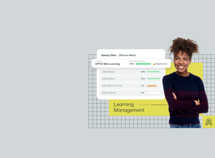 Young person smiling, standing next to a digital interface displaying completion stats for medical training modules. Background features a grid pattern and the words 