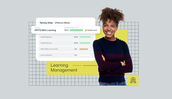 A person stands smiling against a grid background, with a learning management dashboard showing various training completion percentages and a "Expires soon" notification.